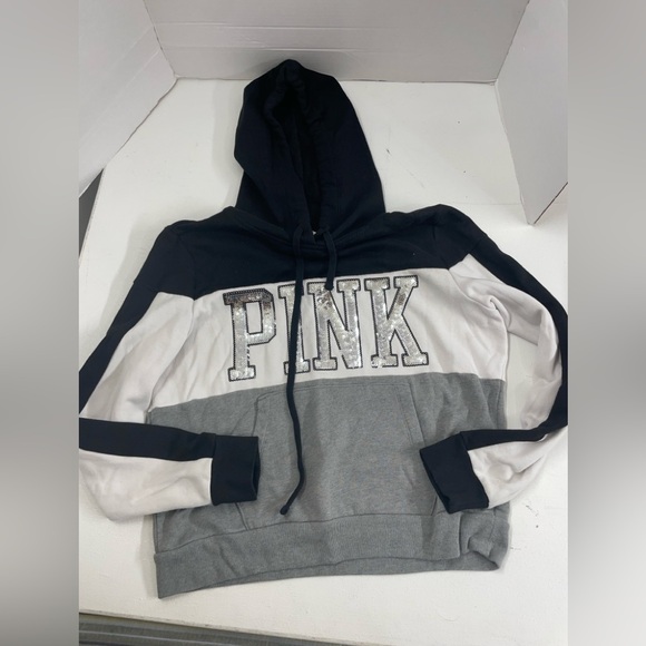 PINK Victoria's Secret retro Black and Silver Sequin Hoodie see conditions in pi - Picture 1 of 4